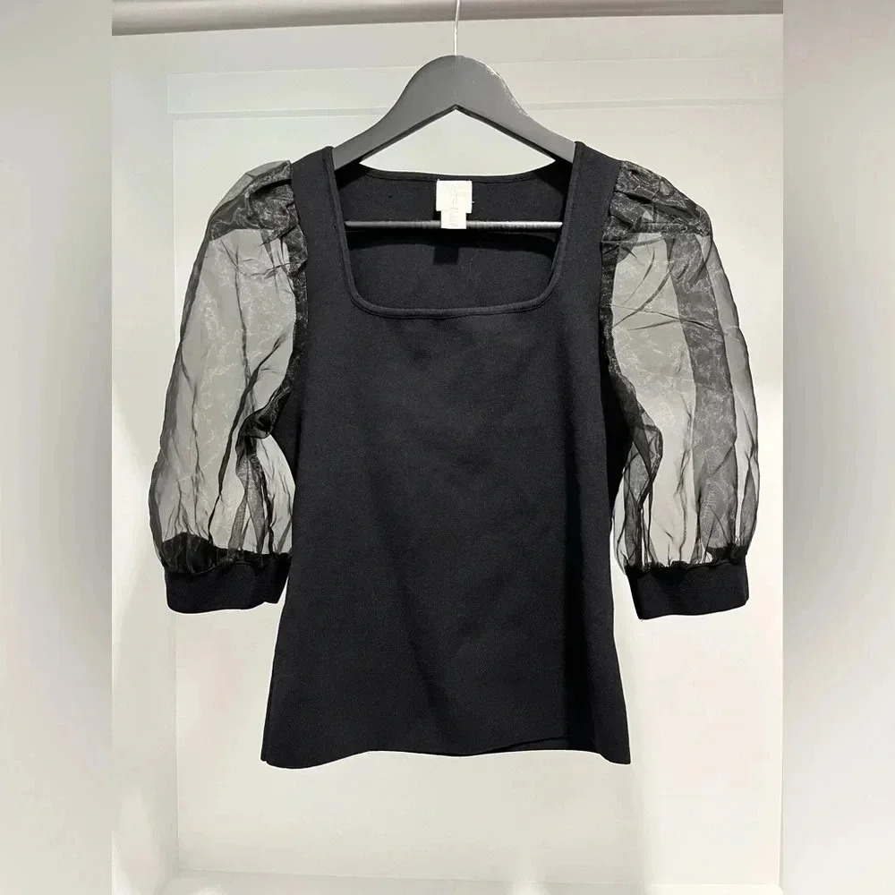 Joie black boat neck stretchy top puff short sheer sleeves Womens size large